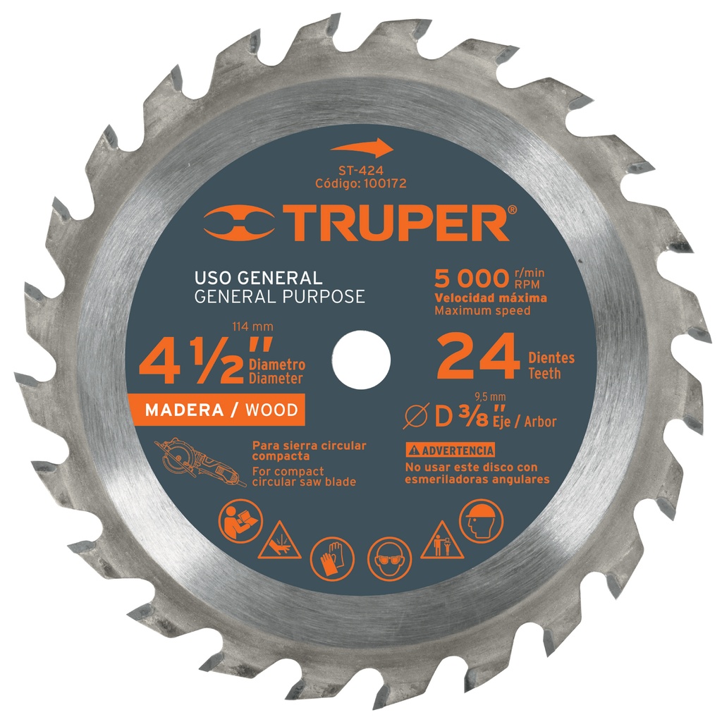 100172 / Disco sierra 4-1/2' para madera, 24 dientes centro 3/8', Truper