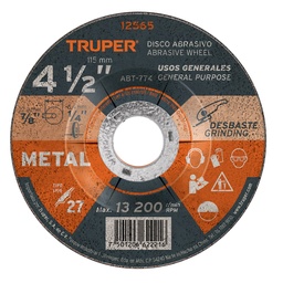 [12565] 12565 / Disco Tipo 27 de 4-1/2' x 6.4 mm para desbaste de metal, Truper